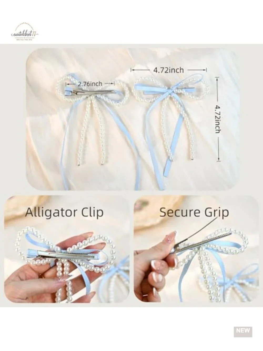 2pcs Double Bow Pearl Hair Clips Adjustable Shape Alligator Clip